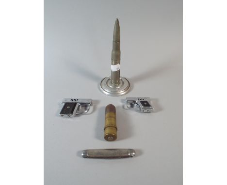 A Trench Art Cigarette Lighter and One Other, Two Novelty Pistol Lighters and A Pen Knife. 