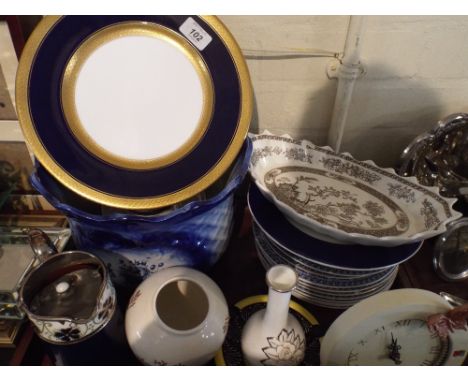 A Tray of Ceramics to Include Collection of Twelve Royal Worcester Blue and White Plates, Coalport Cobalt Blue and Gilt Cabin