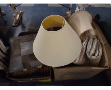 Two Boxes of Scatter Cushions Lamp Shades Etc. 