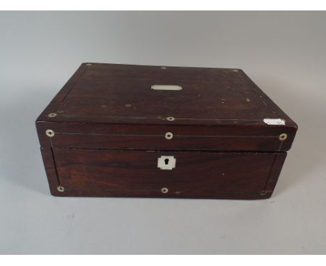 A Late 19th Century Rosewood and Mother of Pearl Inlaid Work Box with Removable Tray Containing Curios to Include Enamel Badg