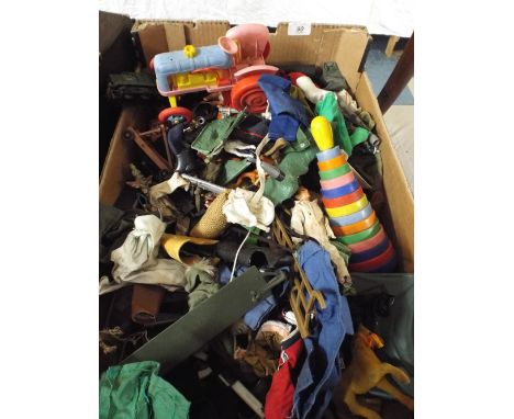 A Box of Various Children's Toys to Include Action Man Accessory and Clothes. 