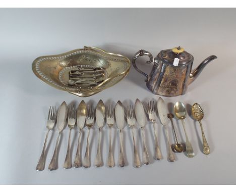 A Tray Containing Silver Plate to Include Teapot, Cake Basket, Flat Ware and Sugar Tongs. 