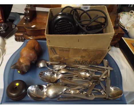 A Tray Containing Silver Plate and Silver Handled Cutlery, Treen String Box, Vintage Bakelite Hair Dryer Etc.