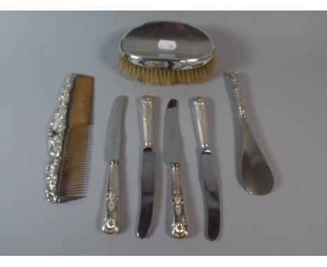 A Tray Containing Silver Mounted Hair Brush, Silver Mounted Comb, Silver Mounted Button Hook and Four Kings Pattern Silver Ha