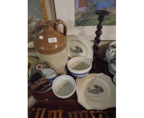 A Tray of Ceramics, Barley Twist Oak Candle Stick, Floral Decorated Circular Mirror.