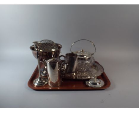 A Collection of Silver Plate to Include Candle Stick, Rose Bowl, Coffee Pot, Tankard, Biscuit Barrel and Tray. 