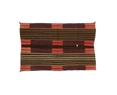 Navajo second phase chief's style woman's wearing blanketDesigned with four horizontal aniline red stripes enclosing cream, b