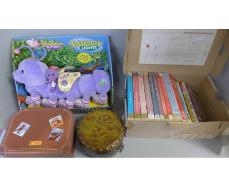 A Steiff Teddy bear, cased, a Lil' Leggggggie Lights soft toy, Roald Dahl and other children's paperback books and a Chinese 
