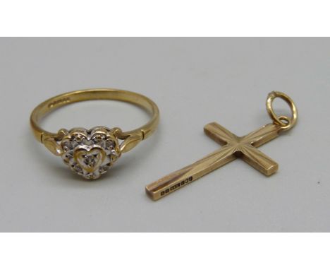 A 9ct gold, heart shaped ring and a 9ct gold cross pendant, 2.7g, ring size N 