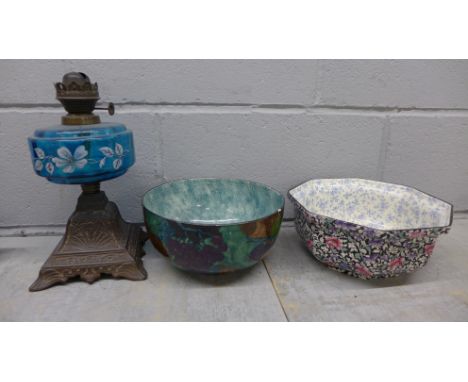 A S. Hancock &amp; Son fruit bowl, chip to rim, a Royal Doulton fruit bowl and an oil lamp base with blue glass reservoir **P