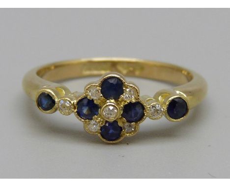 An 18ct gold, Art Deco sapphire and diamond ring, 3g, M 