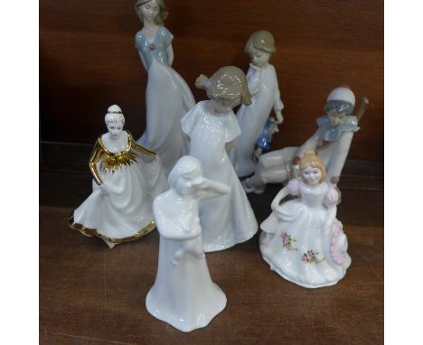 Seven figures, four Nao, two Royal Doulton and Minton china 