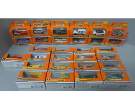 Twenty-nine orange box Matchbox Mattel Wheels die-cast model vehicles (collected by the vendor over several years and in exce