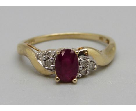 A 9ct gold, ruby and diamond ring, 1.9g, N 