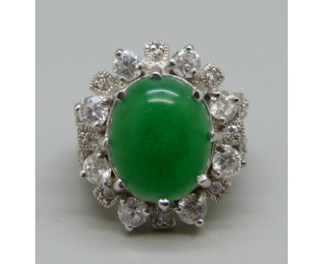 A silver gilt green and white stone cocktail ring, L 