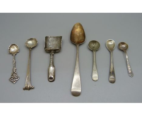 Six silver spoons including a caddy spoon by Ledsam &amp; Vale dated Birmingham 1821, a/f, and a plated salt spoon 