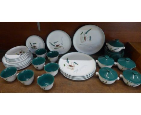 Denby Greenwheat tea and dinnerwares, including five dinner plate, six smaller plates, five side plates, seven saucers, seven