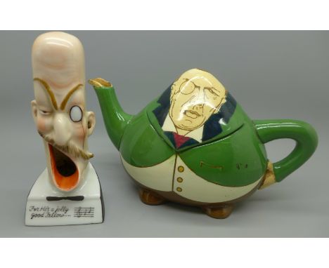 A Schafer and Vater barber shop ashtray, 'For He's a Jolly Good Fellow' and a 20th Century Foley Intarsio teapot modelled as 