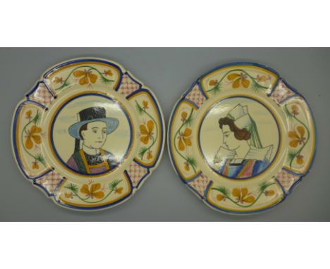 A pair of early 20th Century HB Quimper portrait plates, 222 R P backstamp, one with small chips to outer edge, 20cm 