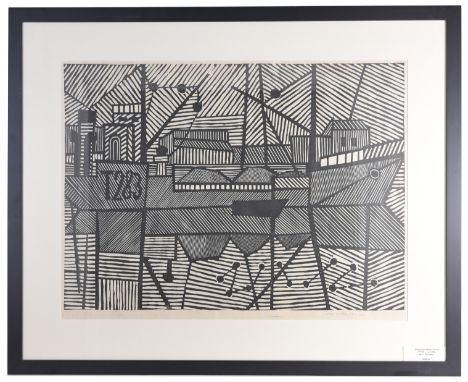 Fumio Kitaoka (Japanese, 1918 - 2007) Linoleum Block Print. Pencil signed lower right. Image Size: 20 x 27.25 in. Overall Fra