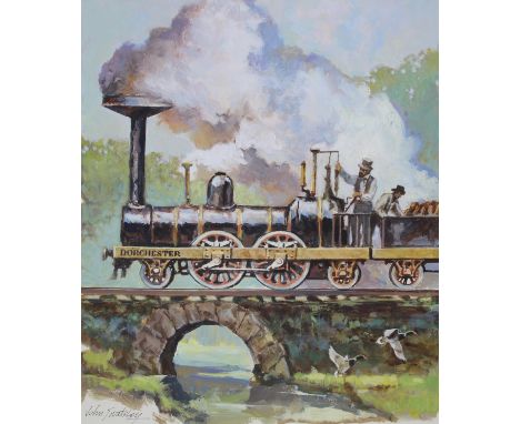 John Swatsley (American, B. 1937) "The Dorchester Locomotive" Signed lower left. Original Oil painting on Illustration Board 