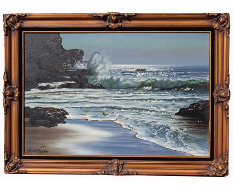 Nick Pasko (California, 20th C.) Seascape. Oil on Canvas. Signed lower left. Sight Size: 23.5 x 35.5 in. Overall Framed Size: