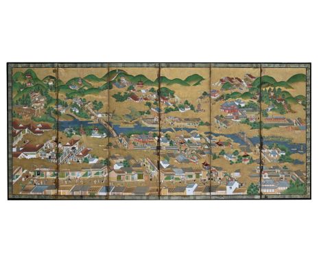 Antique (Circa 1800) Japanese 6-Panel Wall Screen panorama "Kyoto Japan" in gold leaf and water colour on rice paper. Mounted