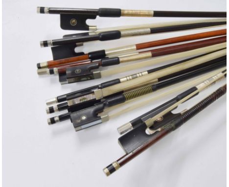 Four contemporary nickel mounted violin bows: two stamped Alfred Knoll, another T. Pampolin - Brazil and another unstamped; t