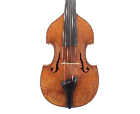 Late 19th century viola d'amore, unlabelled, Eberle model, total length of instrument 31.25", with baroque bow stamped I.Muth