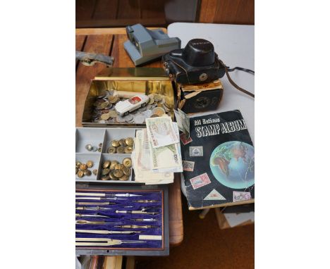 Foreign Coin Collection, Military Buttons, Stamp Album and Cameras