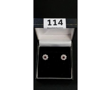 PAIR OF 9CT WHITE GOLD RUBY AND DIAMOND EARRINGS