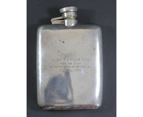 A silver presentation hip flask, by Asprey, Chester 1936, presented to Wg Cdr R.S. Mills, DFC, repairs to base, 122gmRandolph