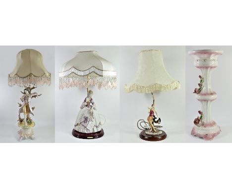 Three ceramic lamps, to include one depicting a young Shepard holding a lamp, signed by the artist, with a beaded shade, 115c