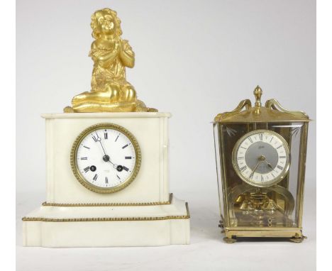 A 19th Century French marble ormolu cherub figurine mantel clock, with 8 day movement striking to bell, enamel dial signed Be