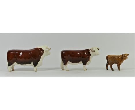 A Beswick Hereford bull, champion of champions, c1950s, model number 1363A, height 11cm, to gether with a smaller example and