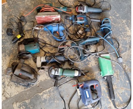 A Hitachi large grinder, and other power tools such as Bosch, AEG and Black and Decker, untested 