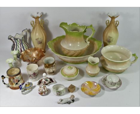 A mid 20th Century ceramic wash set, to include pitcher, basin, chamber pot, soap dish &amp; water jug, together with a pair 