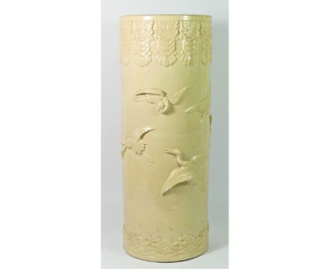 A Japanese Meiji period stoneware stick stand, with applied shell border over flying cranes over waves, unmarked, 23 x 60cm 