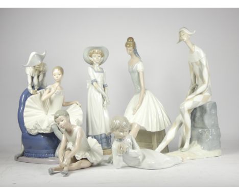 A collection of six Nao/Lladro porcelain figurines, to include harlequin and ballerina groups, together with a lady and child