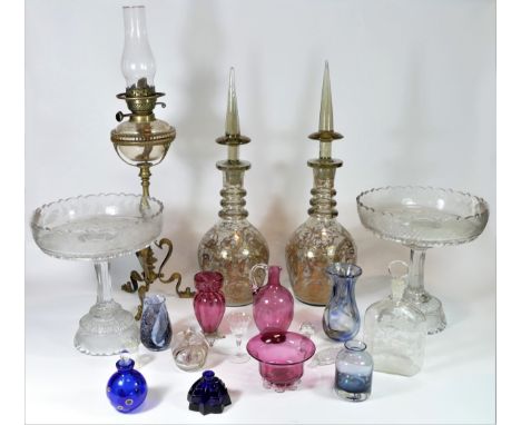 A pair of large Bohemian style gilded glass decanters, cut &amp; gilded design with matching stoppers, 60cm tall, together wi