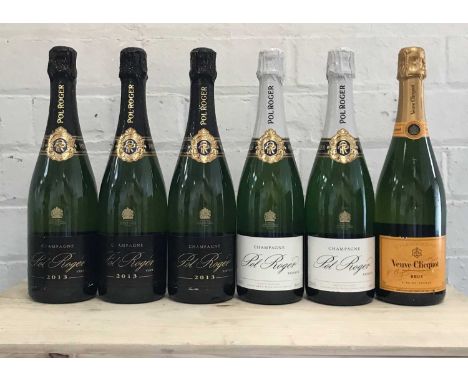 6 Bottles Mixed Lot Vintage Brut and White Foil Brut Champagne Pol Roger and Veuve Clicquot comprising: 3 Bottles Champagne P