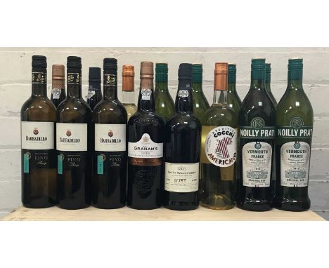 15 Bottles Mixed Lot Sherry Port and Vermouth comprising: 3 Bottles Barbadillo Fino Sherry, 2 Bottles Grahams Late Bottled Vi