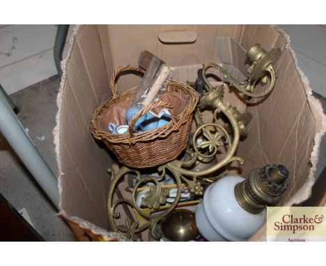 A box of various sundries, light fittings etc.