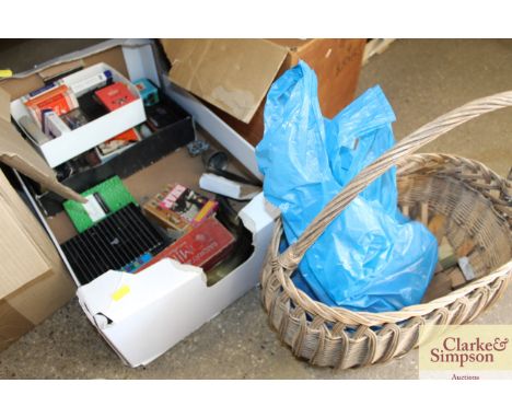 A box of miscellaneous vintage playing cards, dominoes, building blocks, three old horns etc.