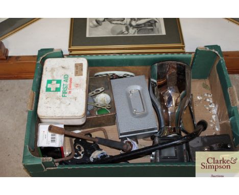 A box of miscellaneous items to include old cameras, vintage First Aid tin, cash box, Thermos flask, tools etc. 