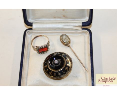 A Victorian diamond set circular mourning brooch; a mourning stick pin and a yellow metal pearl set cameo ring  AF