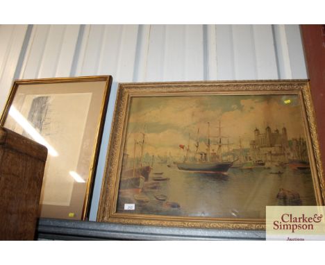 An oleograph of a Thames shipping scene with the Tower of London nearby; and a marine print