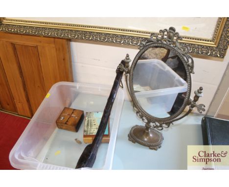 A brass framed mirror; a Shillelagh and two trinket boxes