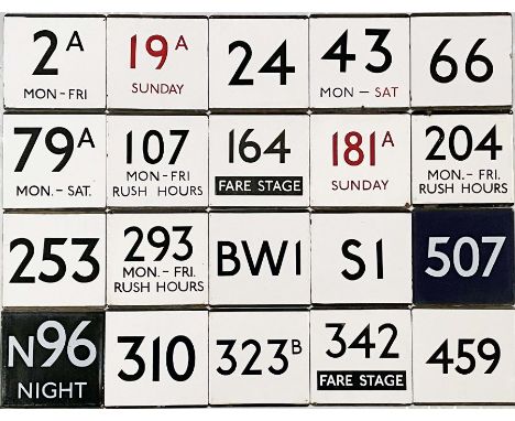 Large quantity (20) of London Transport bus stop enamel E-PLATES comprising routes 2A Mon-Fri, 19A Sunday (red digits), 24, 4