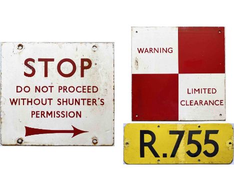 Trio of London Underground enamel SIGNS: 'Stop. Do not proceed without shunter's permission' with right-facing arrow (18" x 1